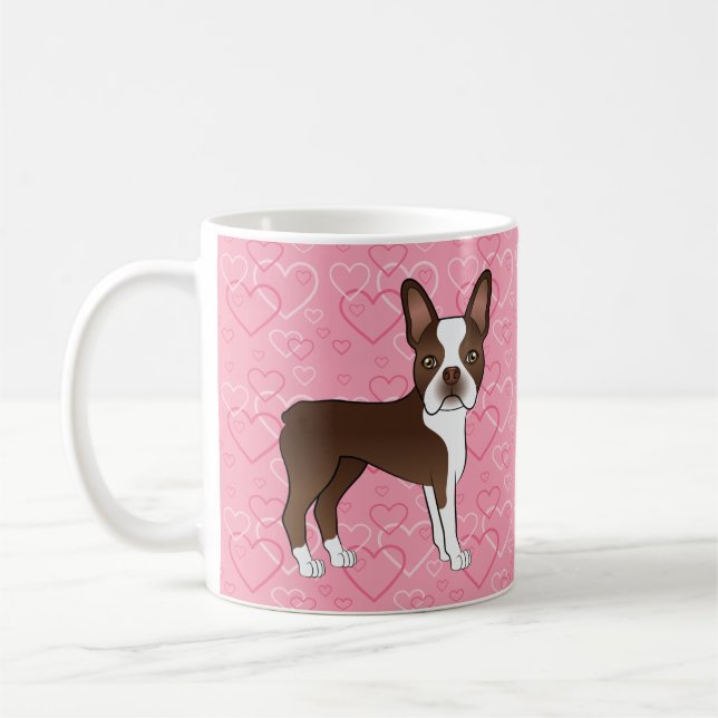 Taza De Café Boston Terrier marrón chocolate sobre corazones ro (Izquierda)