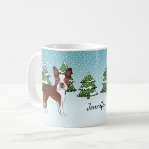 Taza De Café Boston Terrier Rojo En Un Bosque De Invierno & Nom