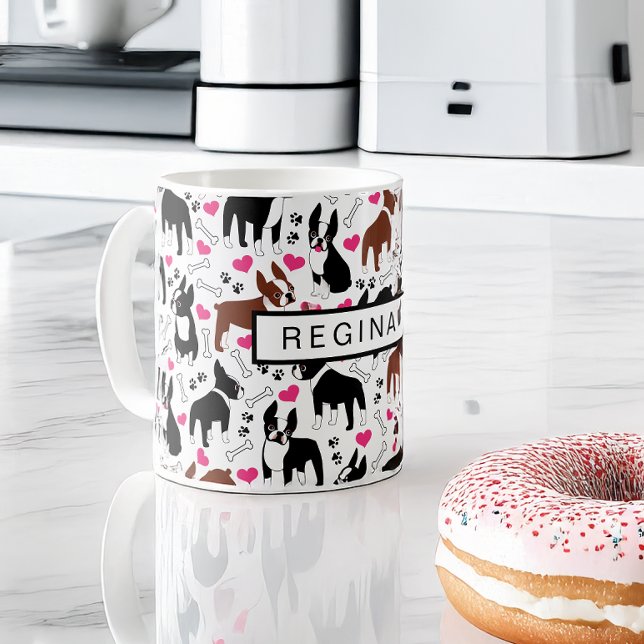 Taza De Café Boston Terriers and Hearts Cute Custom Name (Subido por el creador)
