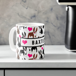 Taza De Café Boston Terriers y Hearts Cute Nombre Personalizado