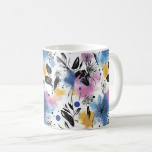 Taza De Café Botánica moderna en azul magenta y mostaza