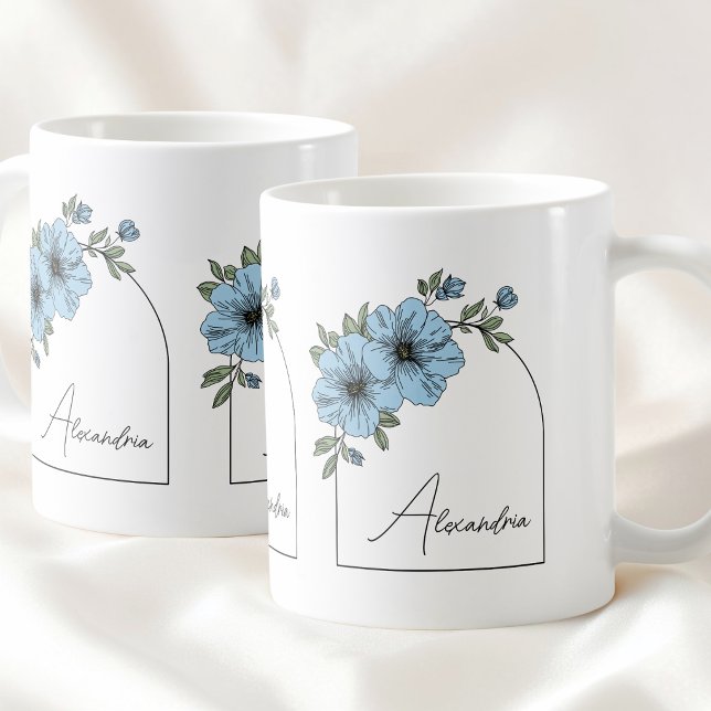 Taza De Café Botanical Arch Black Script Elegant Blue Floral (Botanical Arch Black Script Elegant Blue Floral Coffee Mug)