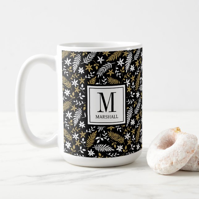 Taza De Café Botanical Black Gold Monogram Name Holiday (Con donut)