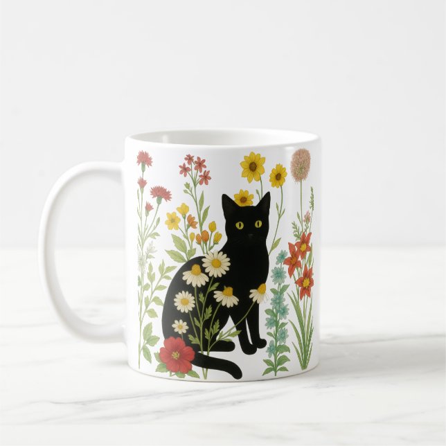 Taza De Café  Botanical Nature – Black Cat in Wildflower Garden (Izquierda)