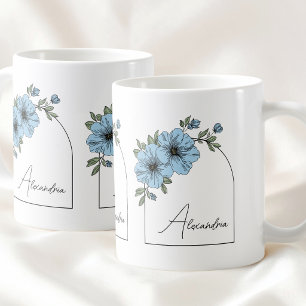 Taza De Café Botánico Arco Negro Letra Elegante Floral Azul