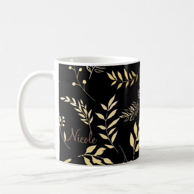Taza De Café Botánico Negro y Dorado Glam Hojas Florales Chic (Izquierda)