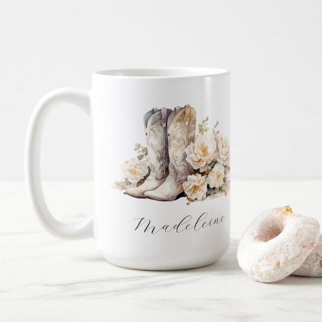 Taza De Café Botas de vaquera con flores románticas peonías (Con donut)