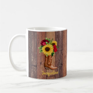 Taza De Café Botas de vaquera de madera rústica girasoles rosas