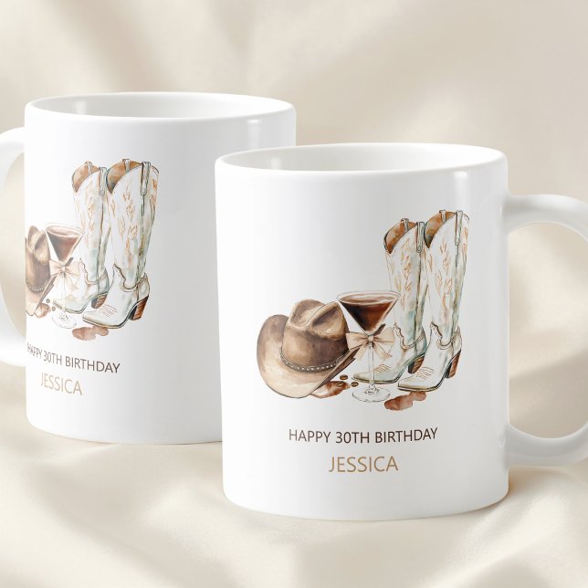 Taza De Café Botas vaqueras occidentales rústicas Feliz cumplea (Rustic Western Cowgirl Boots Happy 30th Birthday Coffee Mug)
