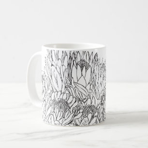 Taza De Café Bouquet de boceto Protea en blanco y negro