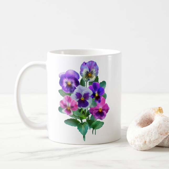 Taza De Café Bouquet de flores pansy violetas (Con donut)