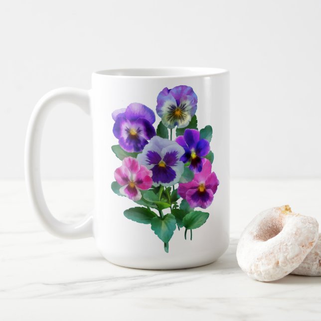 Taza De Café Bouquet de flores pansy violetas (Con donut)