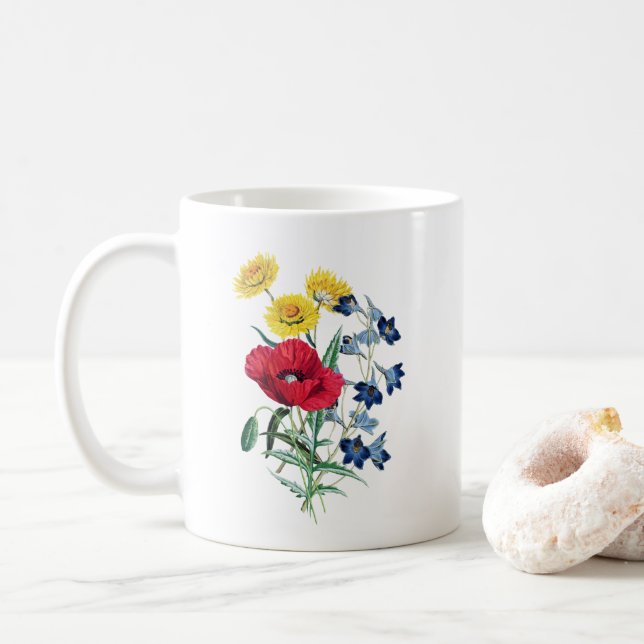 Taza De Café Bouquet de flores silvestres, Ilustracion botánico (Con donut)