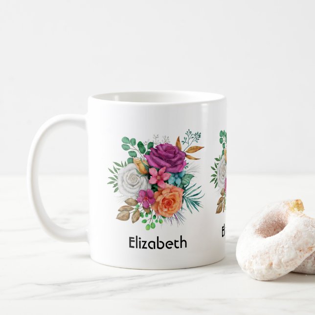 Taza De Café Bouquet floral rosa, Naranja y rosas blancas (Con donut)