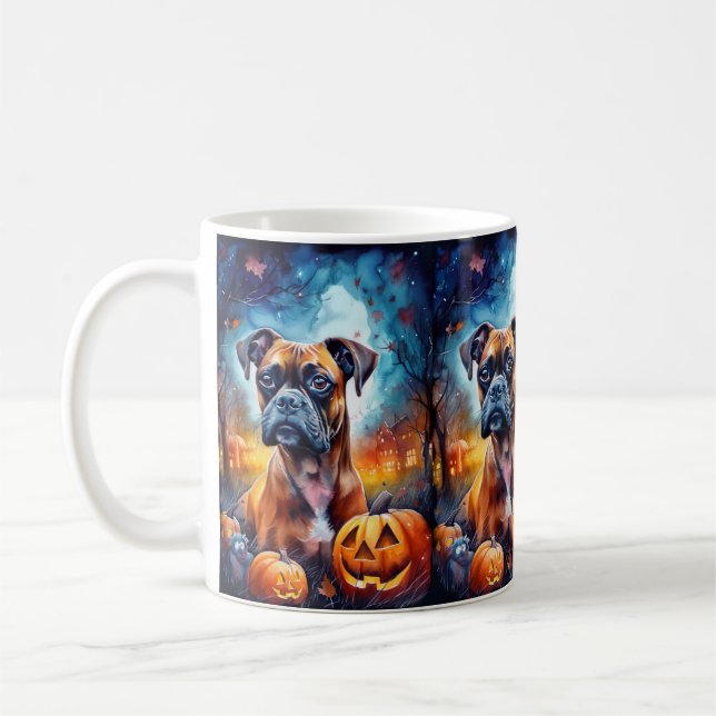 Taza De Café Boxeador de Halloween con calabazas asustado (Izquierda)