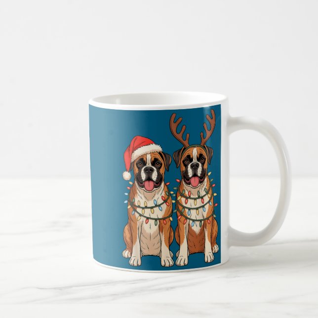 Taza De Café Boxer Dog Christmas Santa Hat Reindeer Lights Paja (Derecha)