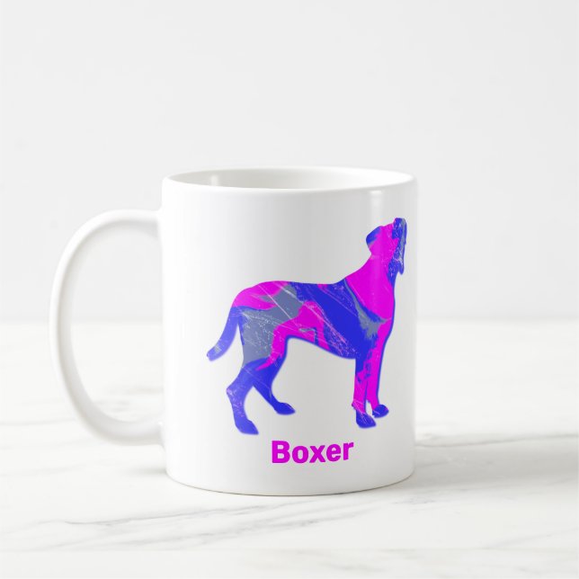 Taza De Café Boxer Dog Silhouette Hot Pink & Blue Design White (Izquierda)