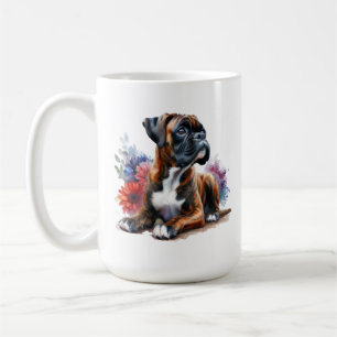Taza De Café Boxer entre las flores en acuarela