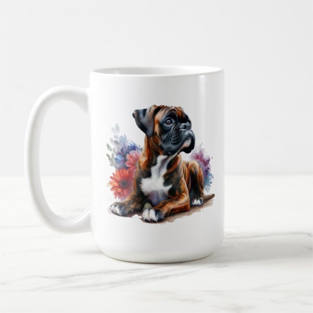 Taza De Café Boxer entre las flores en acuarela (Izquierda)