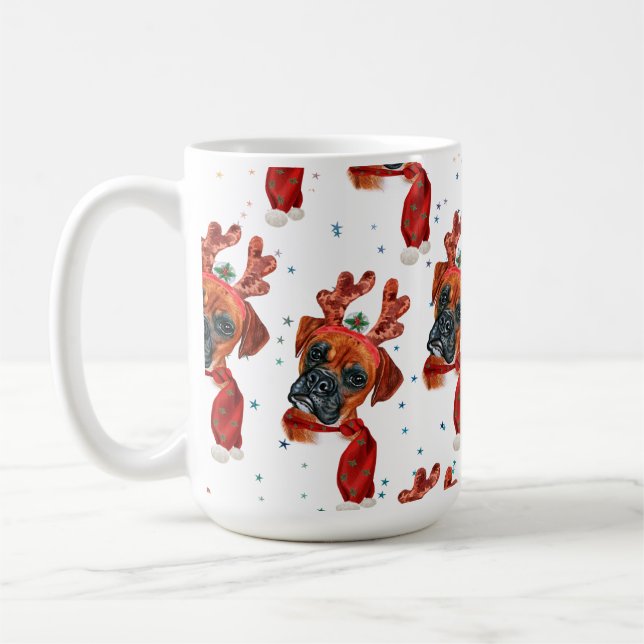 Taza De Café Boxer Raza Acuarela Perro Patrón Estrellas Navidad (Izquierda)