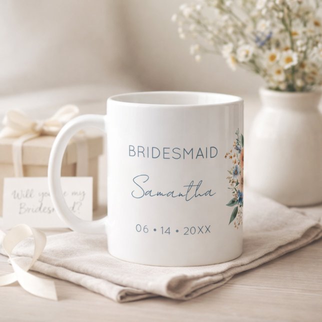 Taza De Café Bridesmaid Gift Blue Floral Personalized (Subido por el creador)