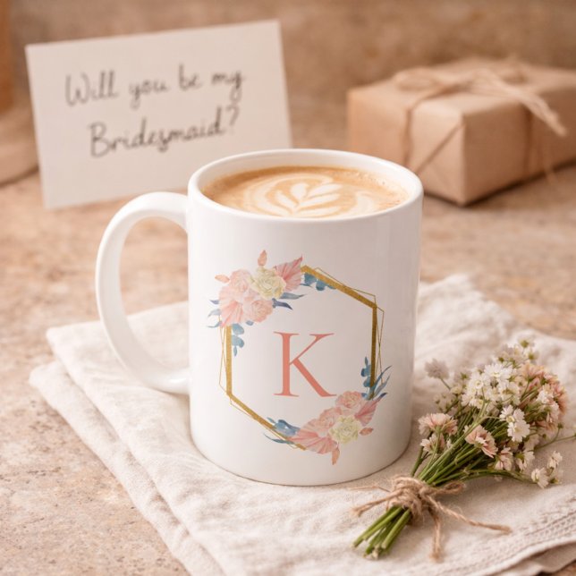 Taza De Café Bridesmaid Wedding Pastel Floral Wreath Monogram (Subido por el creador)
