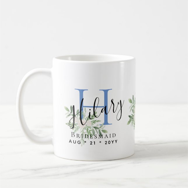 Taza De Café Bridesmaids Blue First Name Floral (Izquierda)
