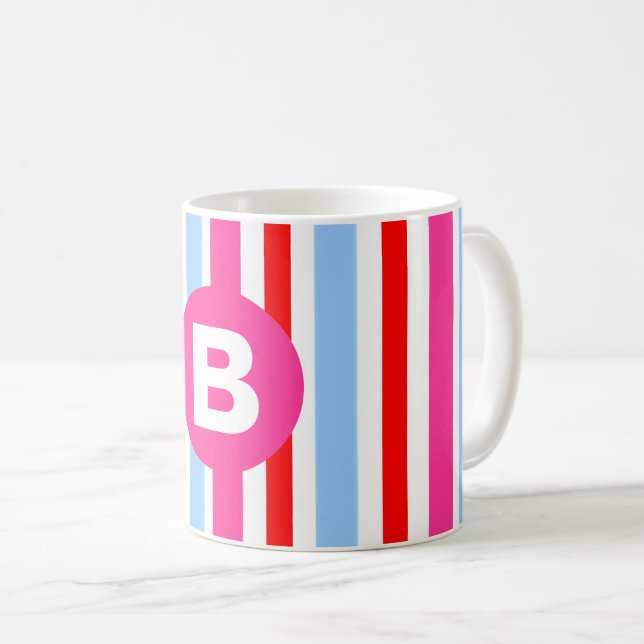 Taza De Café Bright Pink and Blue Candy Stripes Monogram (Anverso derecho)