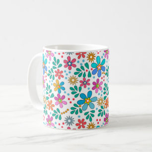 Taza De Café Brillante patrón floral multicolor retro sesenta
