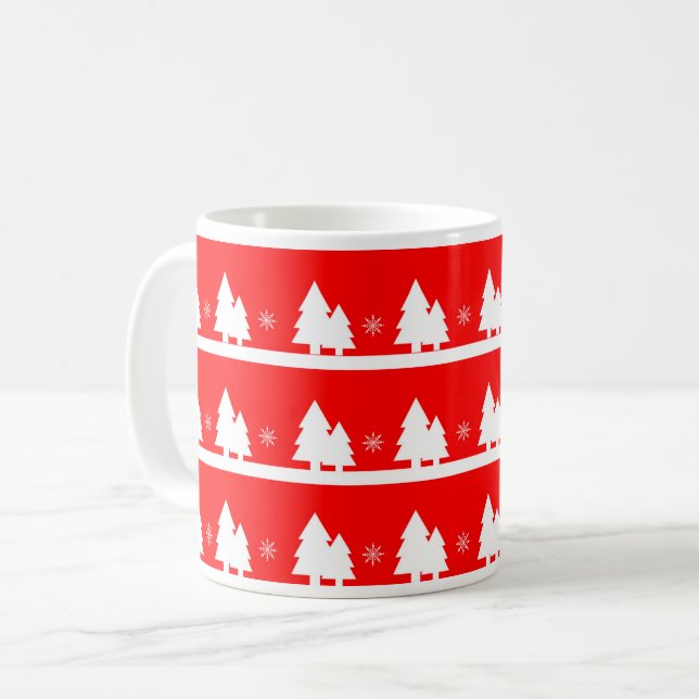 Taza De Café Brillantes árboles de navidad rojos y copos de nie (Anverso izquierdo)