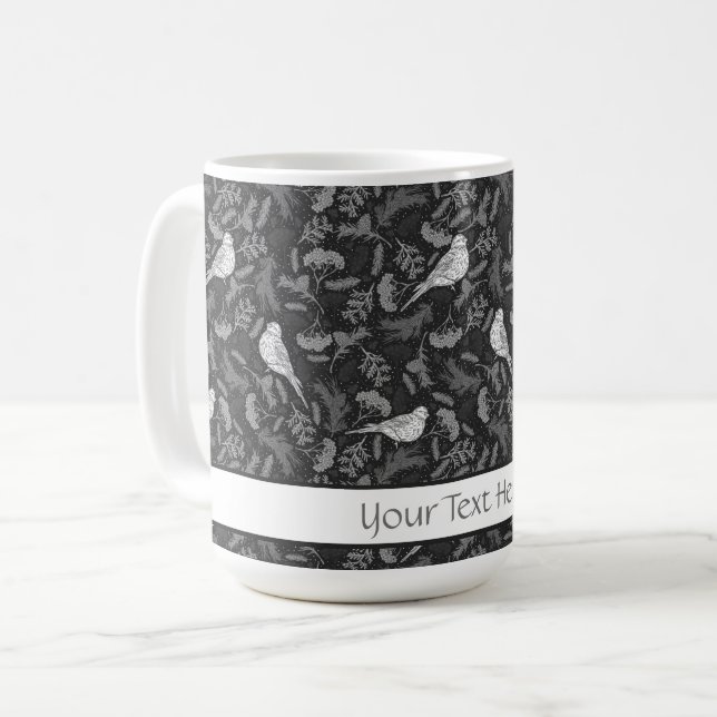 Taza De Café Brillantes Pájaros Blancos Negros e Invierno Patró (Anverso izquierdo)