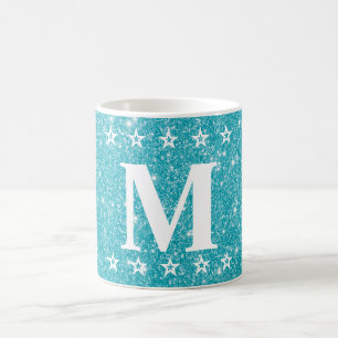 Taza De Café Brillo 5 Estrellas Azul Turquesa Monograma Persona