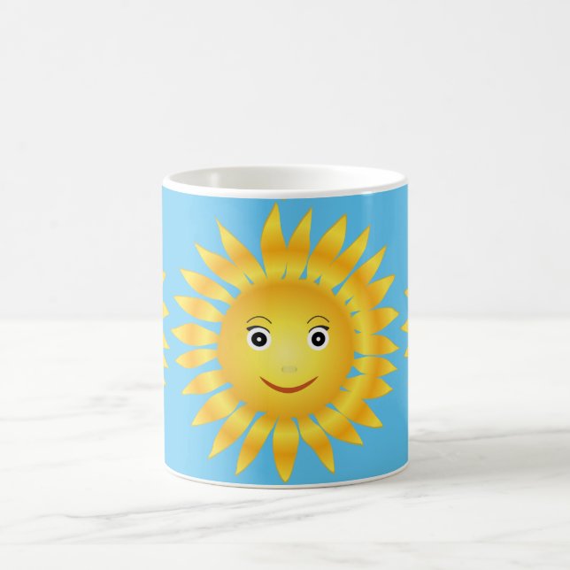 Taza De Café brillo feliz del sol. Fondo azul (Centro)