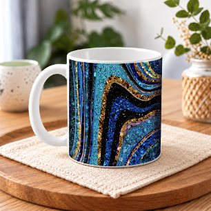 Taza De Café Brillo Glam Glitter arte de mármol femenino azul C