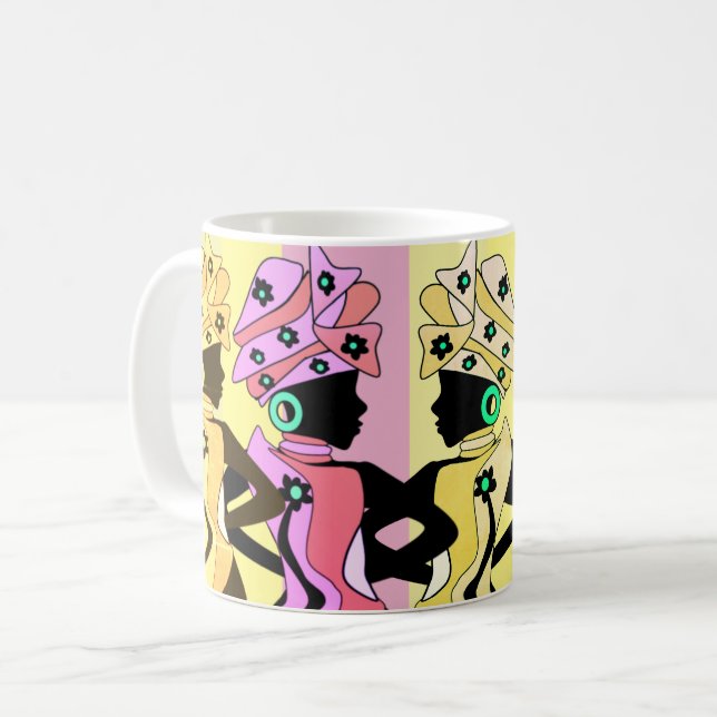 Taza De Café Brisa veraniega Reina negra rosa y amarillo abstra (Anverso izquierdo)