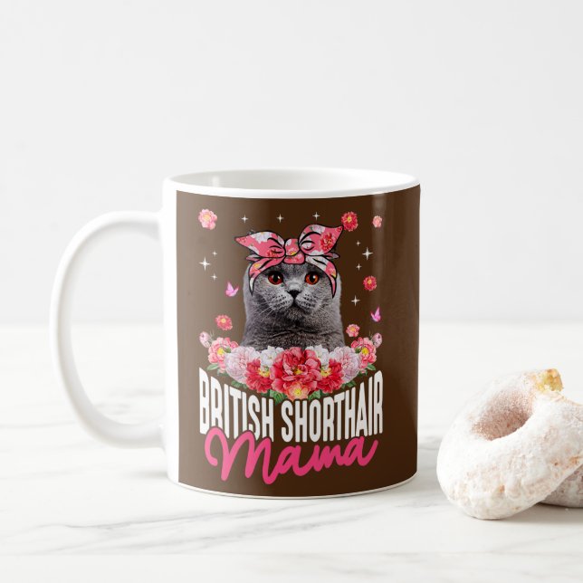 Taza De Café Británico lindo Shorthair Mama Flower Bandana Cat (Con donut)