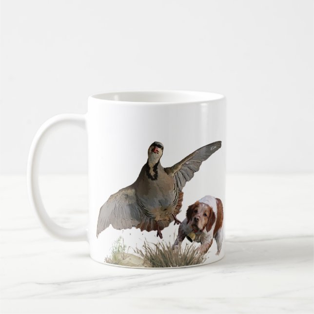 Taza De Café Brittany Spaniel caza chukar pertridge, arte (Izquierda)