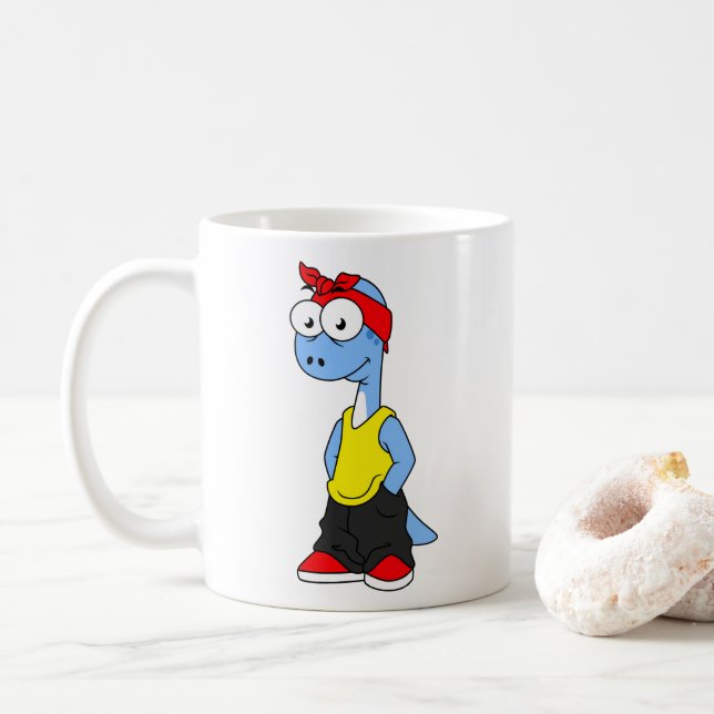 Taza De Café Brontosauro Vestido Con Ropa De Hip Hop. (Con donut)