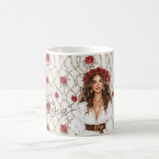 Taza De Café Brown Hair Female Roses Wreath Faux Wood Floral  (Centro)