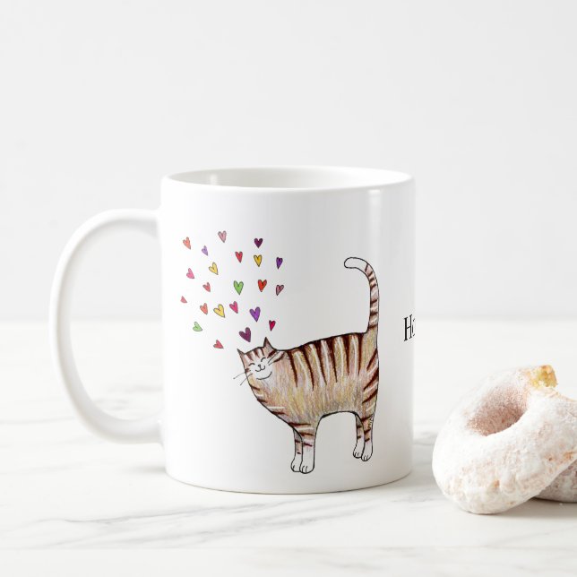 Taza De Café Brown Tabby Cat with Hearts Custom Name  (Con donut)