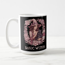 Taza De Café Bruja Básica Floral Rosa Bruja & Gato Negro Coquet