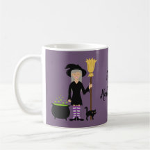 Bruja Con Un Gato En Morado Y Feliz Halloween