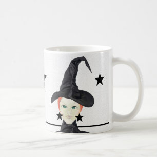 Taza De Café Bruja de Cabello Rojo, Ojos Verdes, Estrellas Negr