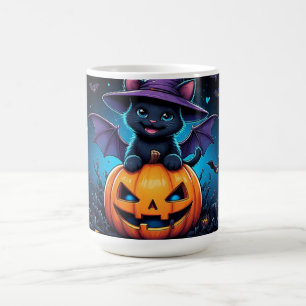 Taza De Café Bruja de Gato Negro Adorable Sentada en una Calaba