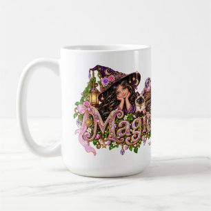 Taza De Café Bruja de Halloween femenina y magia de gato siamés