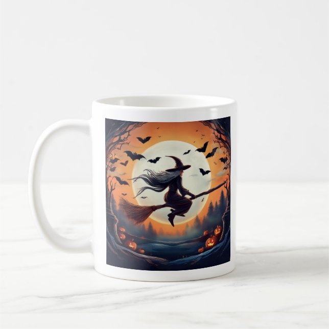 Taza De Café Bruja en un palo de la luna con murciélagos (Izquierda)