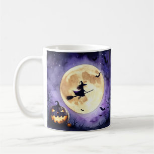 Taza De Café Bruja espeluznante de Halloween volando sobre luna