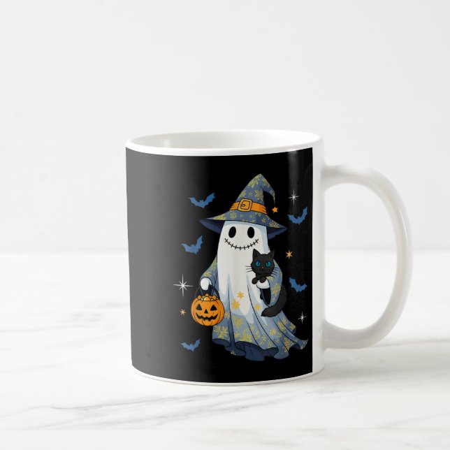 Taza De Café Bruja Fantasma de Halloween sosteniendo Gato Negro (Derecha)