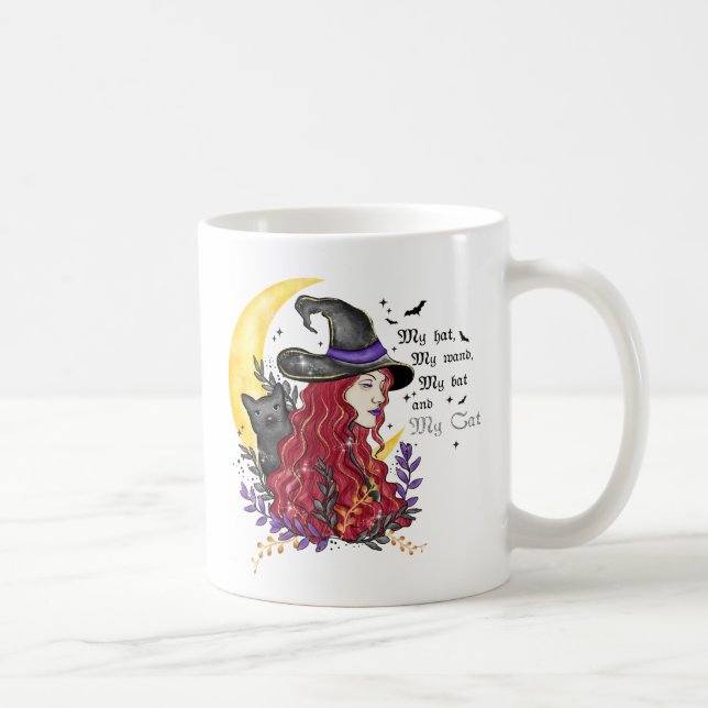 Taza De Café Bruja, gato negro y luna creciente (Derecha)