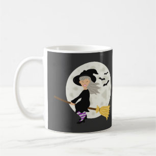 Taza De Café Bruja Niña Linda Vuela & Texto Feliz Halloween